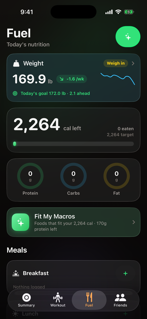 OPT(ML) Fuel screen: calorie budget, protein/carb/fat rings, a weight trend and the Fit My Macros card.