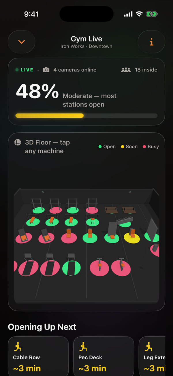 OPT(ML) Gym Live 3D floor: a 3D gym with green, amber and red status pucks on each machine and predicted free-up times.