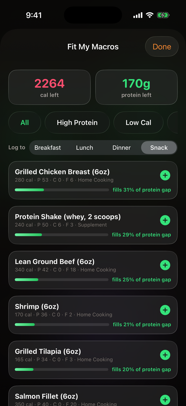 OPTML Fit My Macros screen: foods ranked by how well they fit the remaining protein and calorie budget.